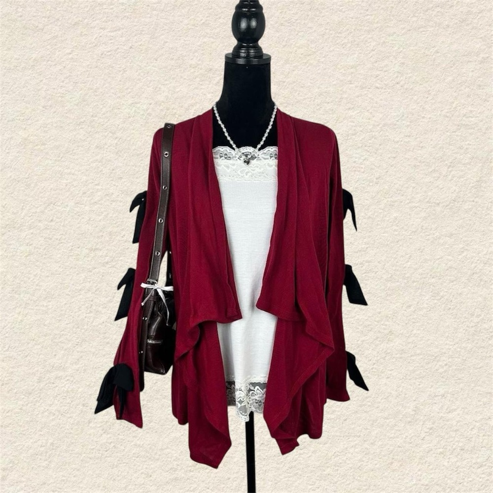 Kate & Mallory romantic coquette red womens open cardigan with black bows